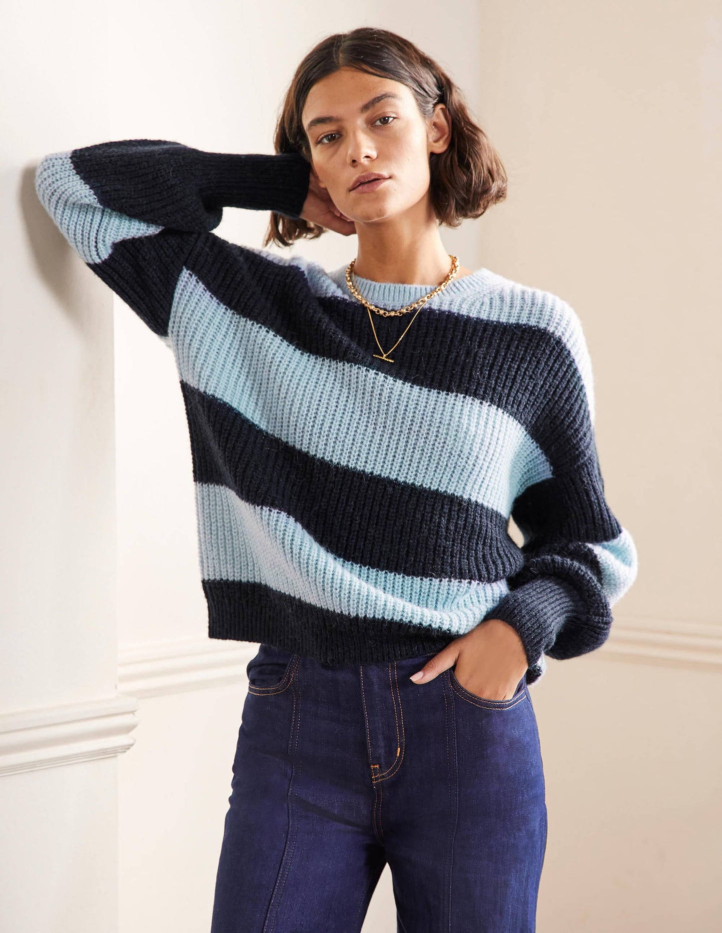 Blouson Cuff Fluffy Sweater-Blue Multistripe