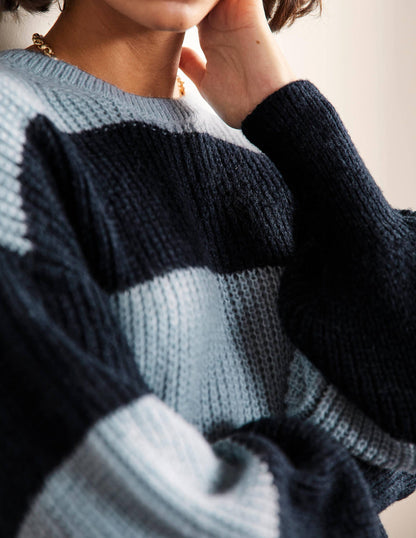 Blouson Cuff Fluffy Sweater-Blue Multistripe