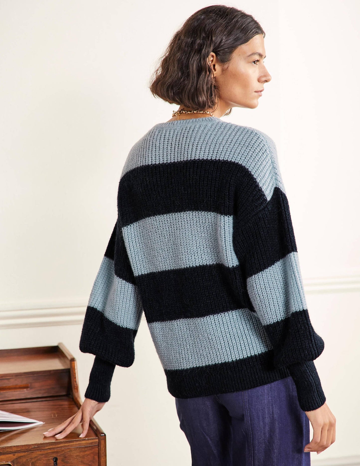Blouson Cuff Fluffy Sweater-Blue Multistripe