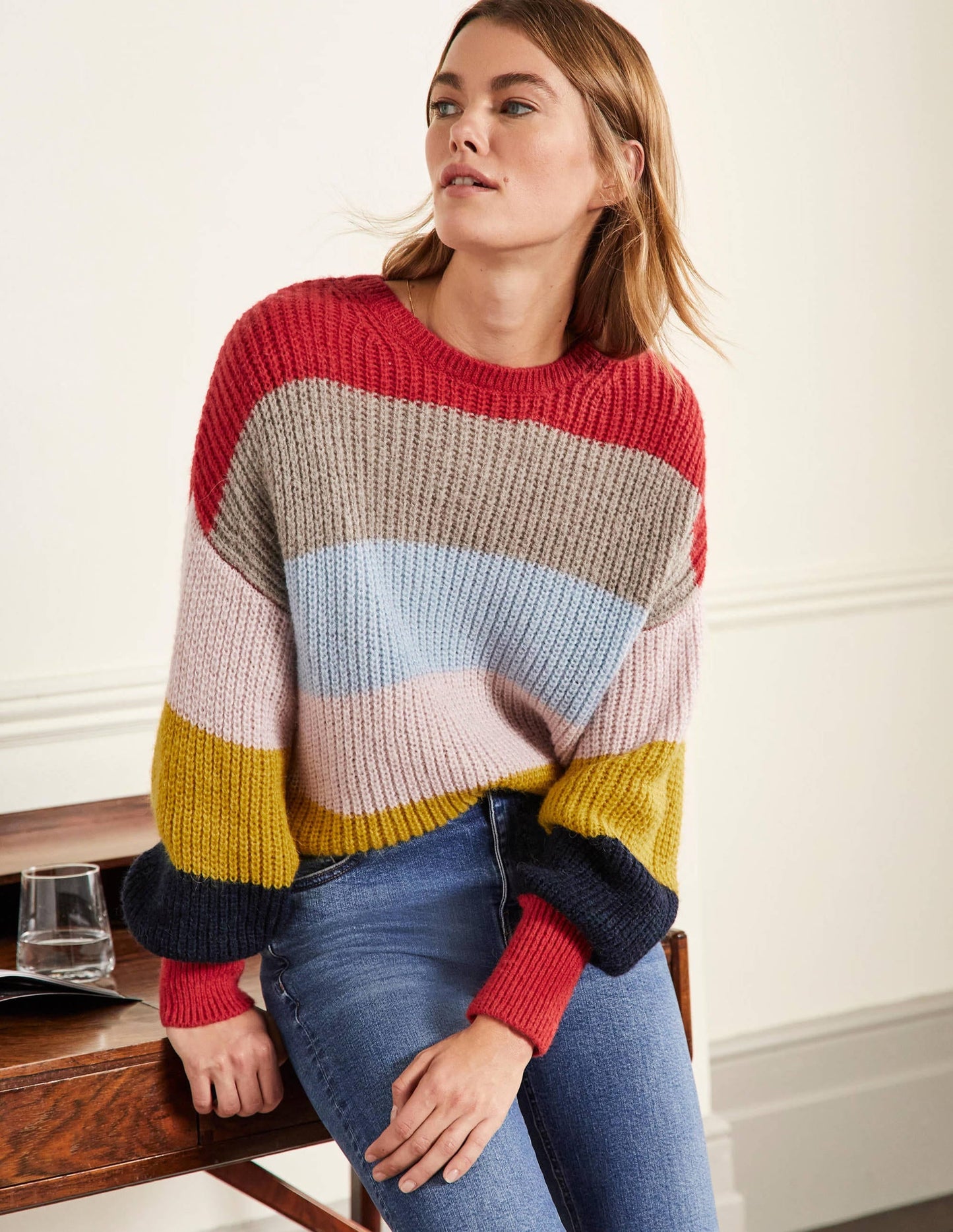 Blouson Cuff Fluffy Sweater-Fluffy Rainbow Multi Stripe