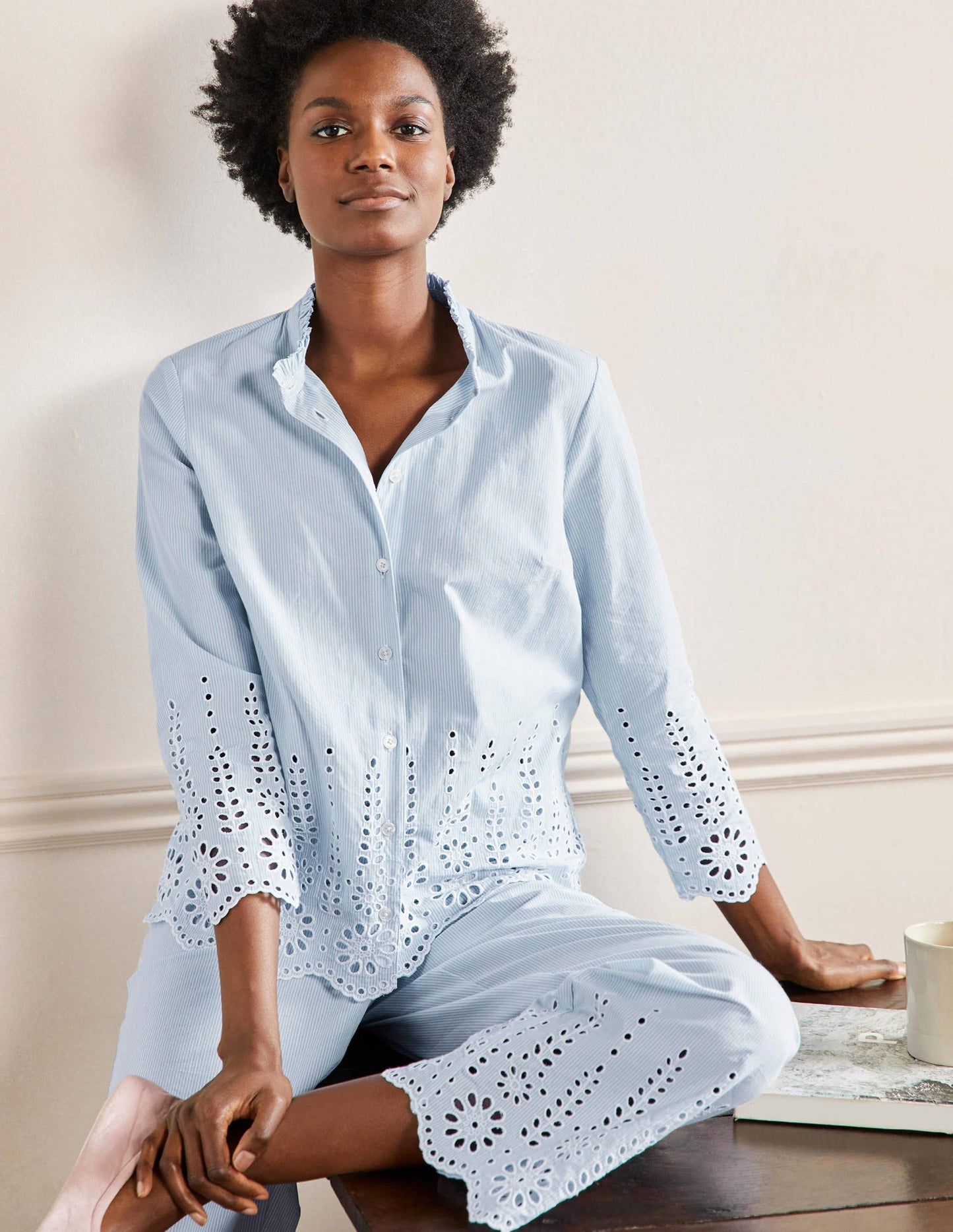 Broderie Pajama Set-Blue Ticking Stripe