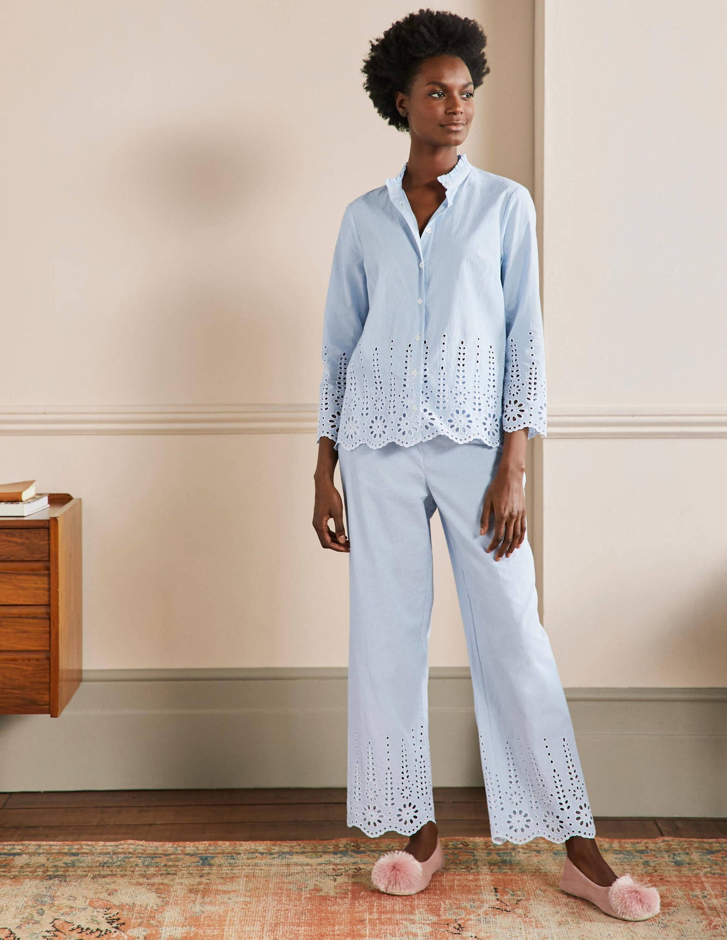 Broderie Pajama Set-Blue Ticking Stripe
