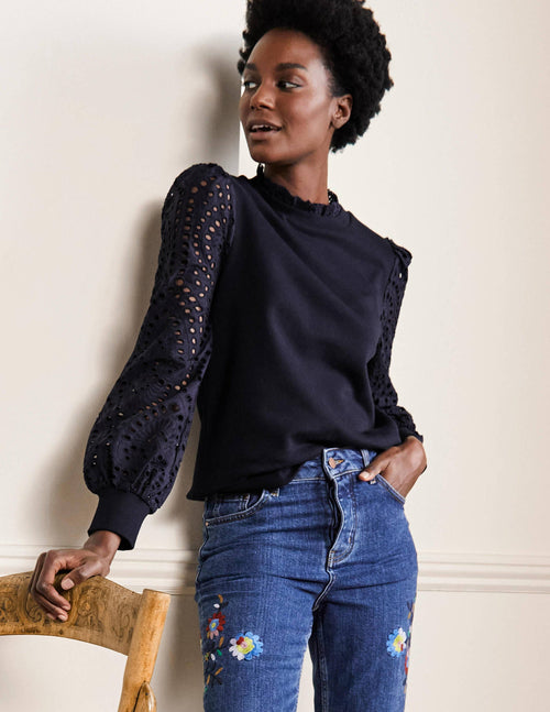 Broderie Blouson Sweatshirt-Navy