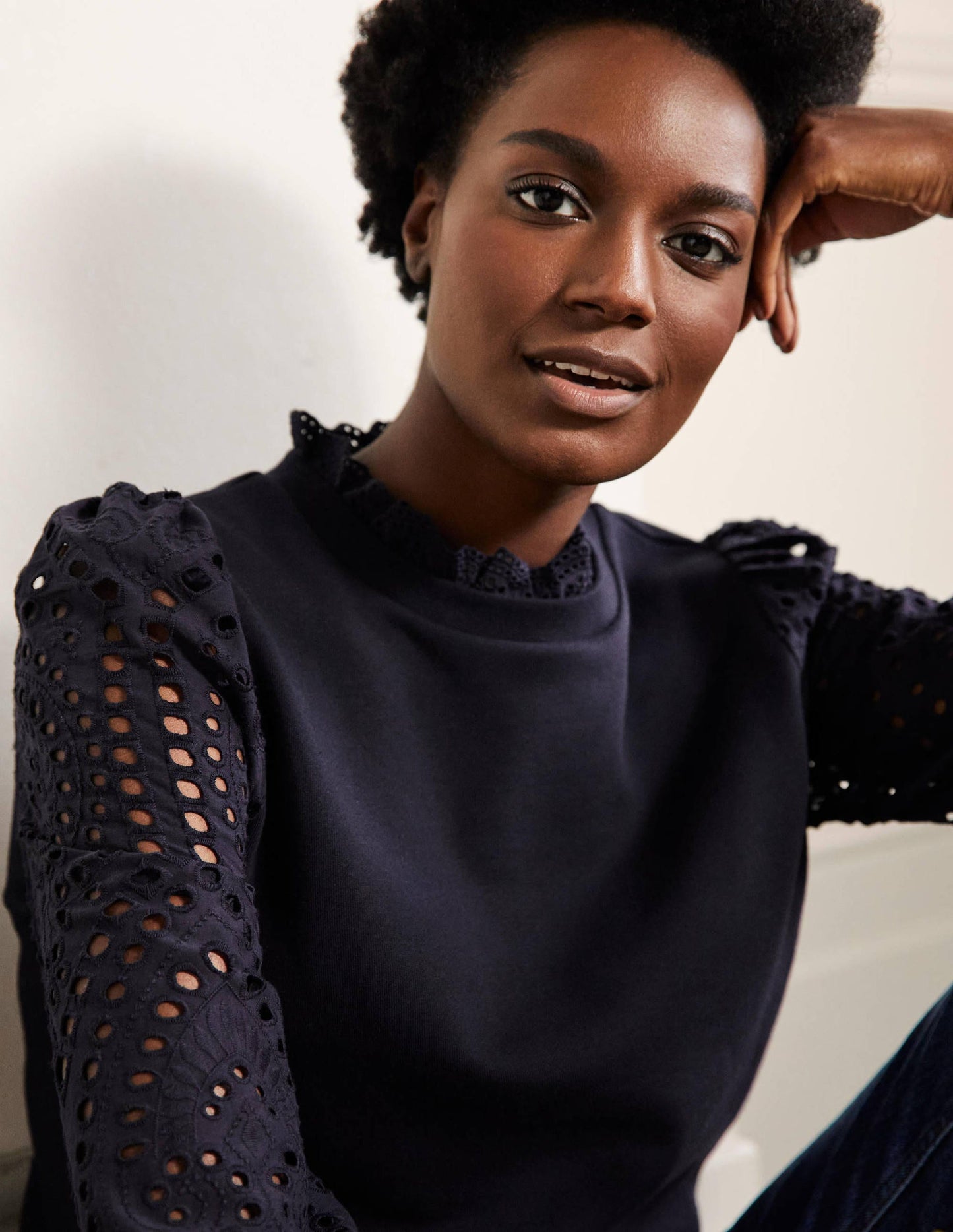 Broderie Blouson Sweatshirt-Navy