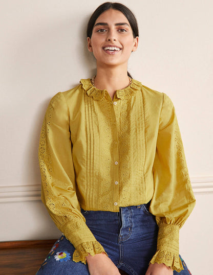 Broderie Trim Blouse-Olive Oil