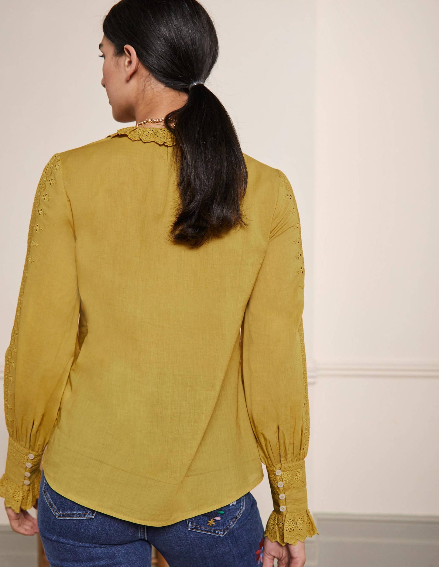 Broderie Trim Blouse-Olive Oil