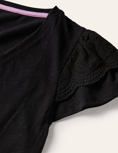 Broderie Cotton V-Neck T-Shirt-Black