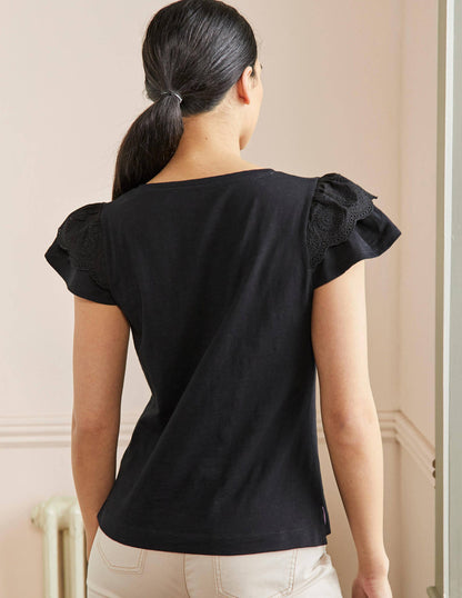 Broderie Cotton V-Neck T-Shirt-Black