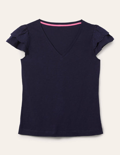 Broderie Cotton V-Neck T-Shirt-Navy