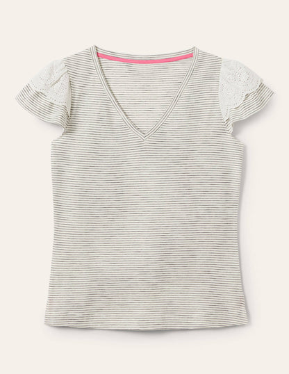 Broderie Cotton V-Neck T-Shirt-Ivory / Navy Stripe
