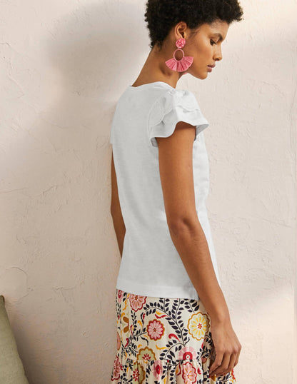 Broderie Cotton V-Neck T-Shirt-White