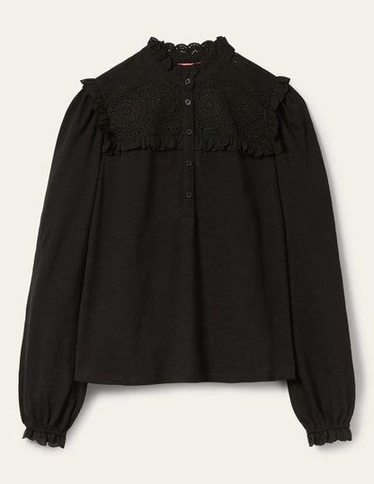 Broderie Yoke Jersey Top-Black