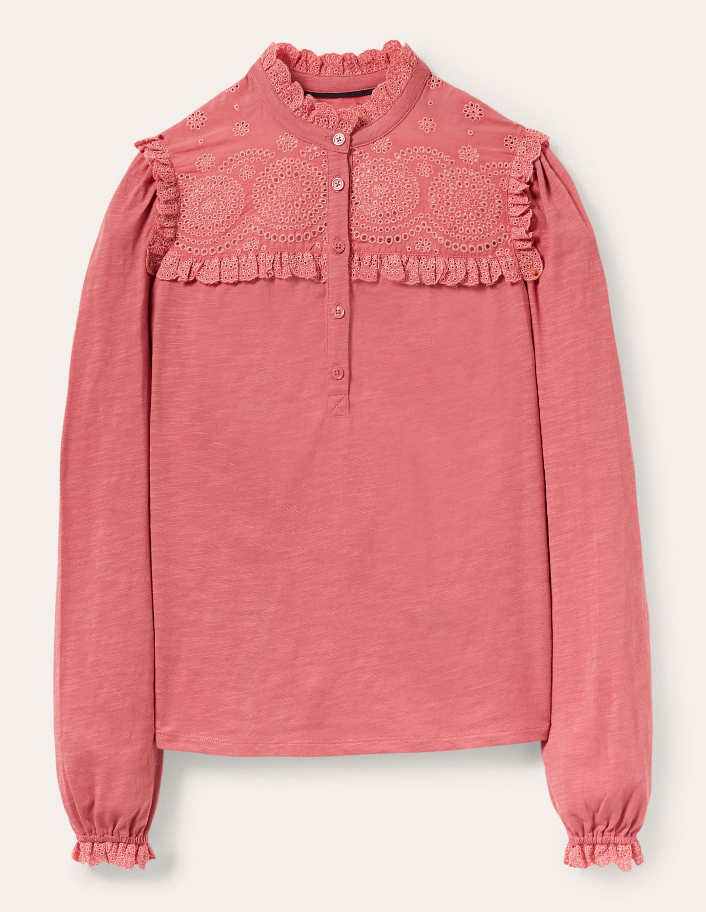 Broderie Yoke Jersey Top-Dusty Red