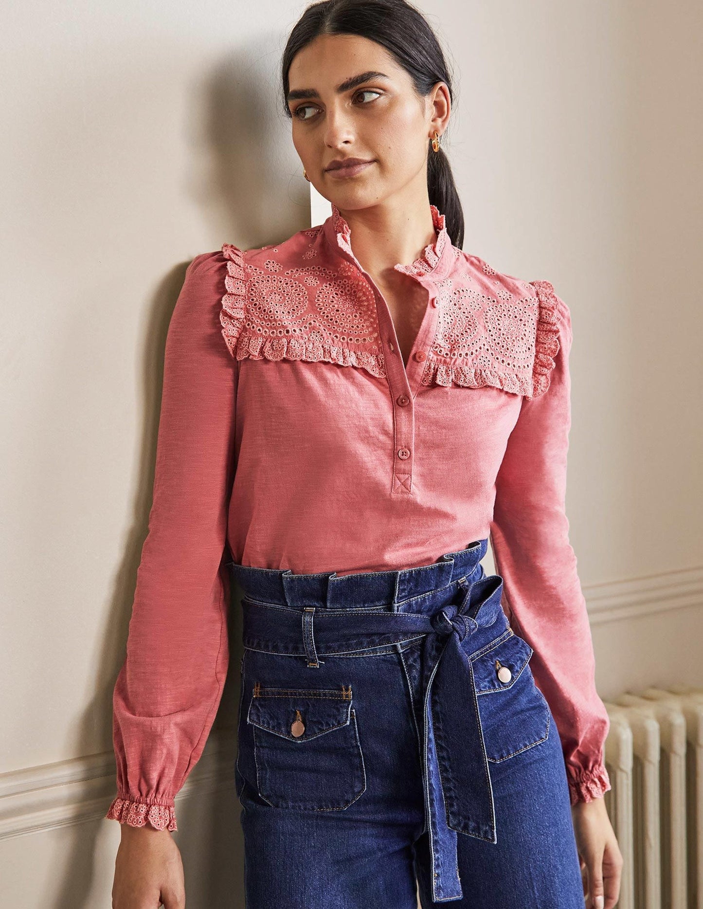 Broderie Yoke Jersey Top-Dusty Red