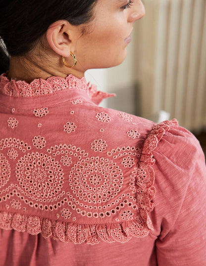 Broderie Yoke Jersey Top-Dusty Red