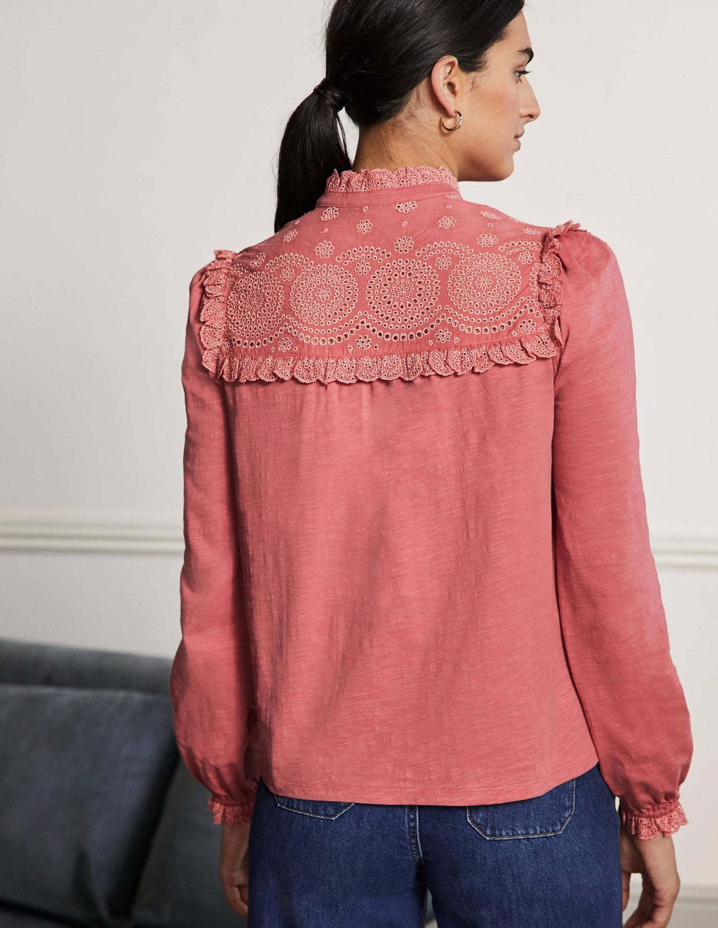 Broderie Yoke Jersey Top-Dusty Red