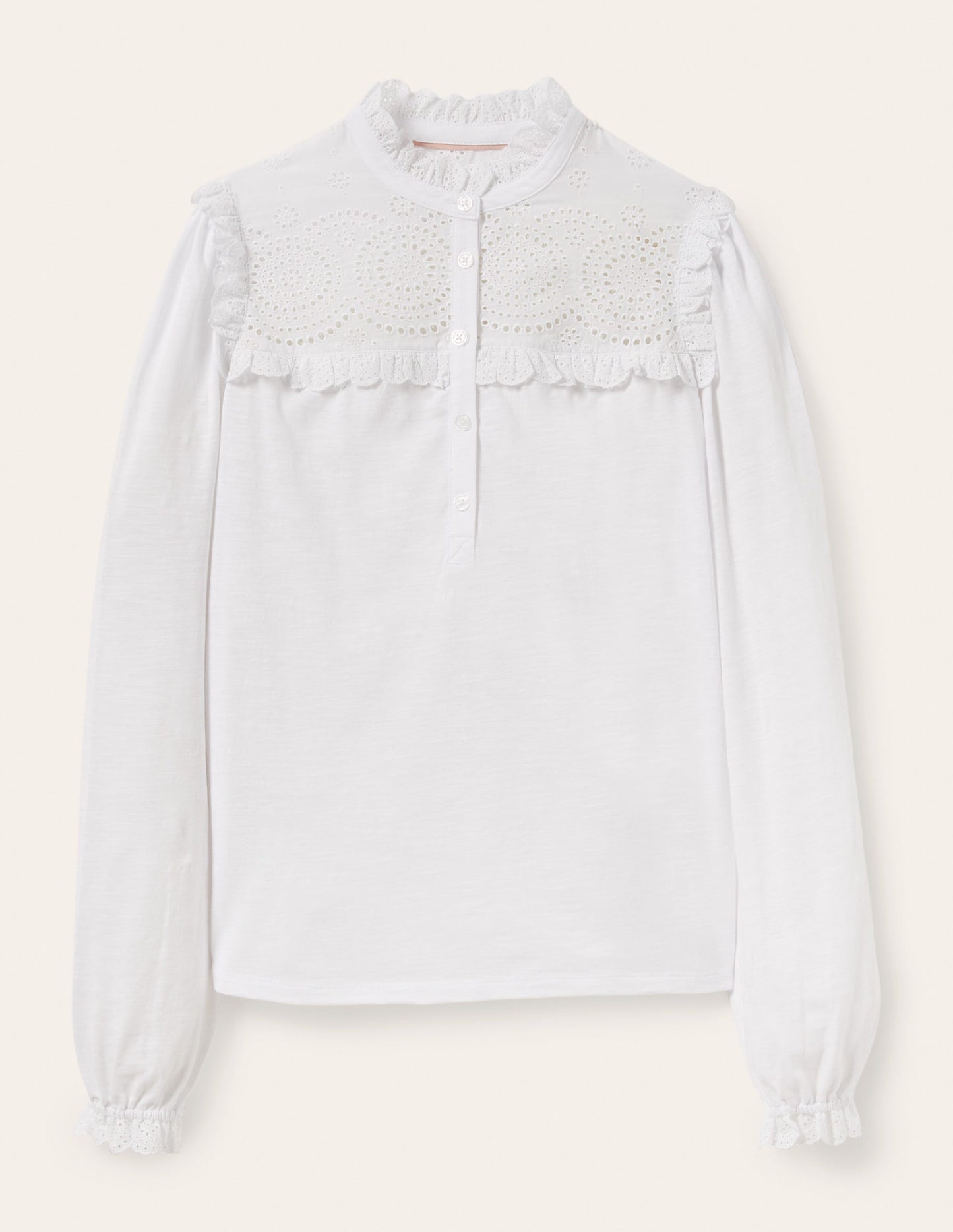 Broderie Yoke Jersey Top-White