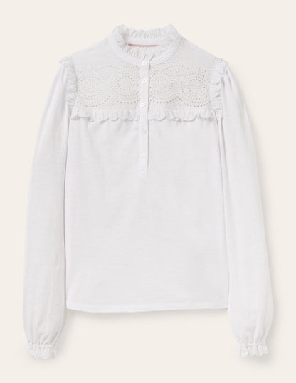 Broderie Yoke Jersey Top-White
