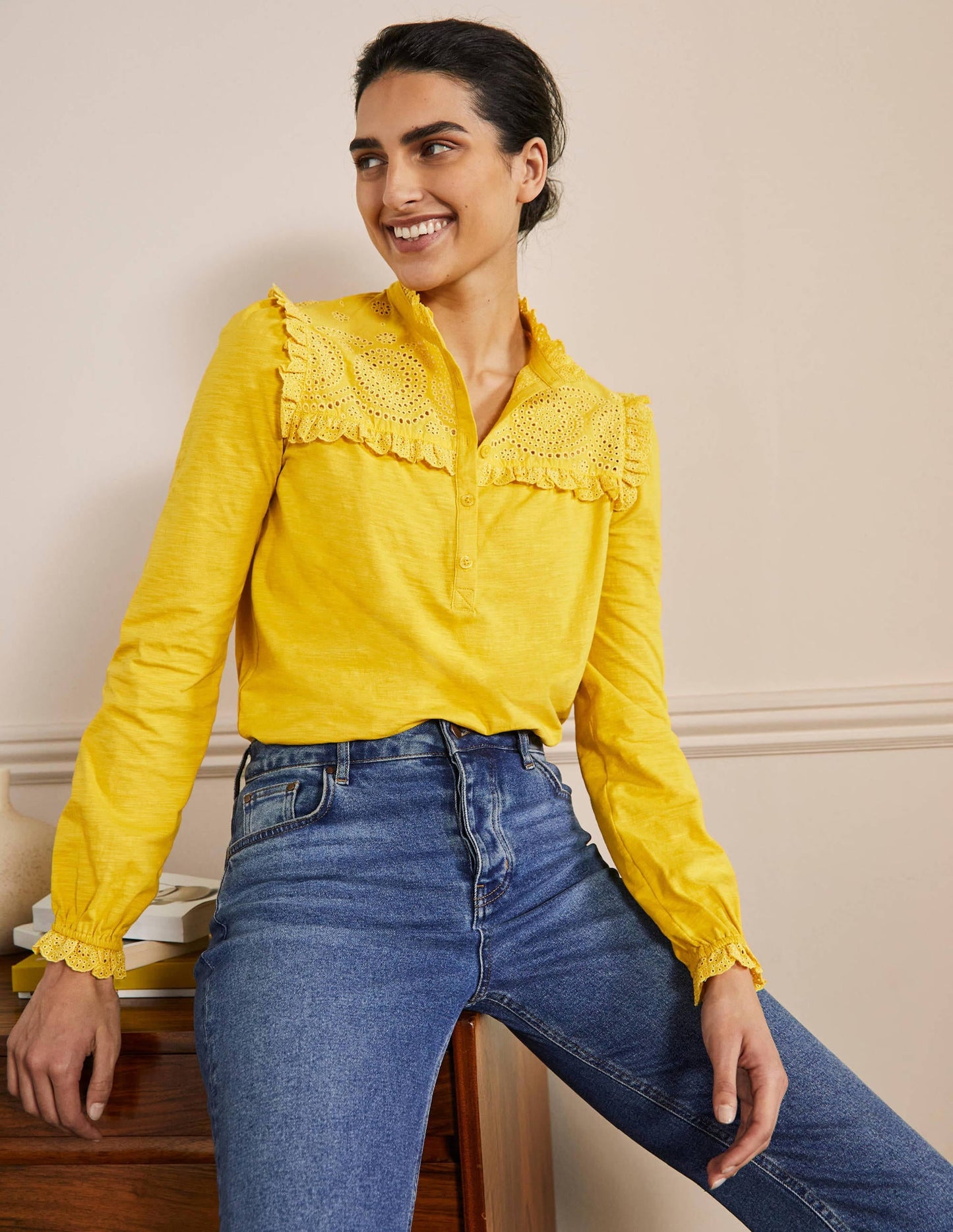 Broderie Yoke Jersey Top-Honeycomb