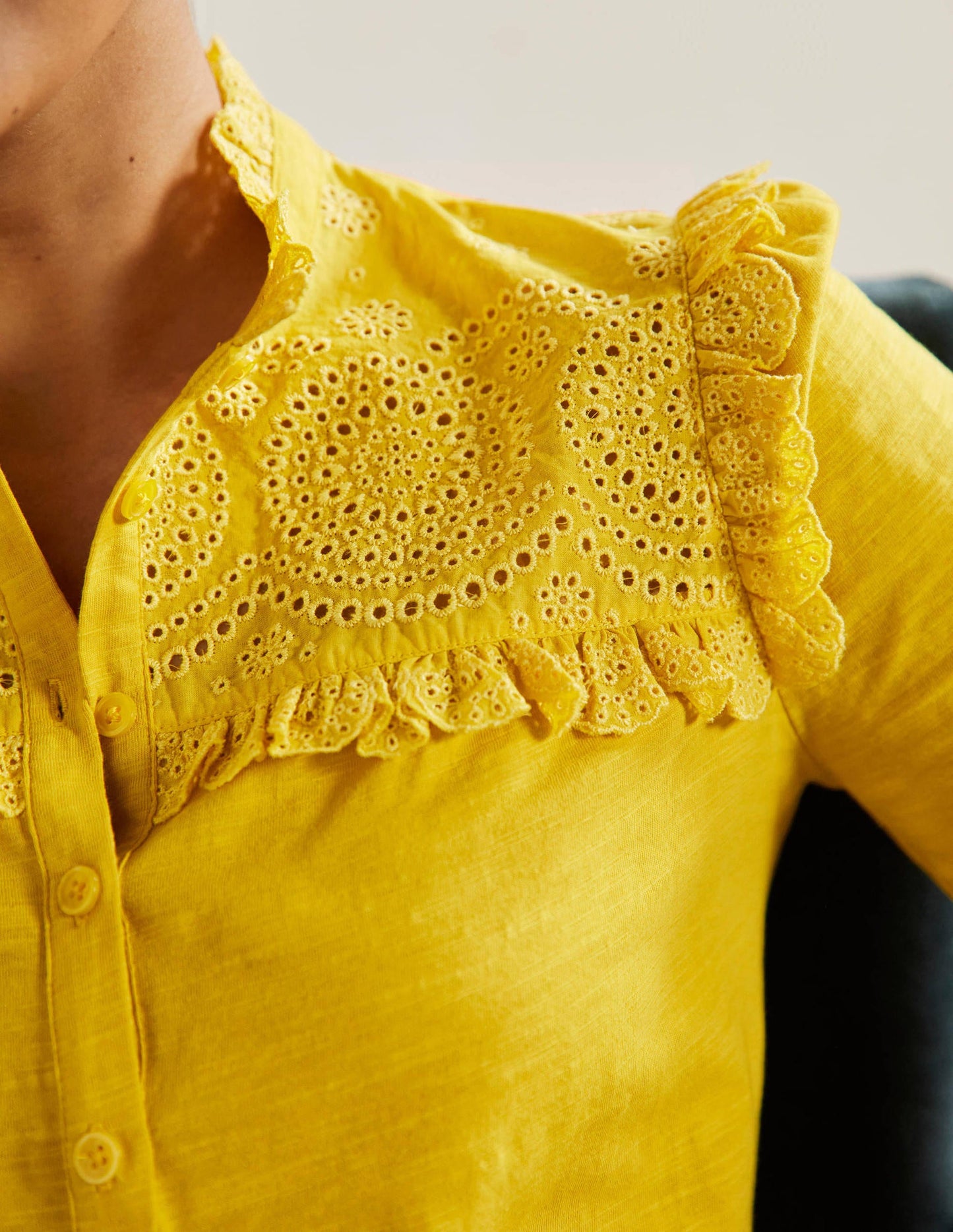 Broderie Yoke Jersey Top-Honeycomb