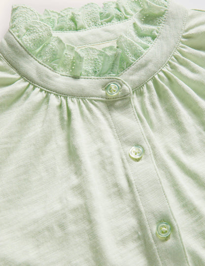 Broderie Trim Jersey Shirt-Avocado Cream