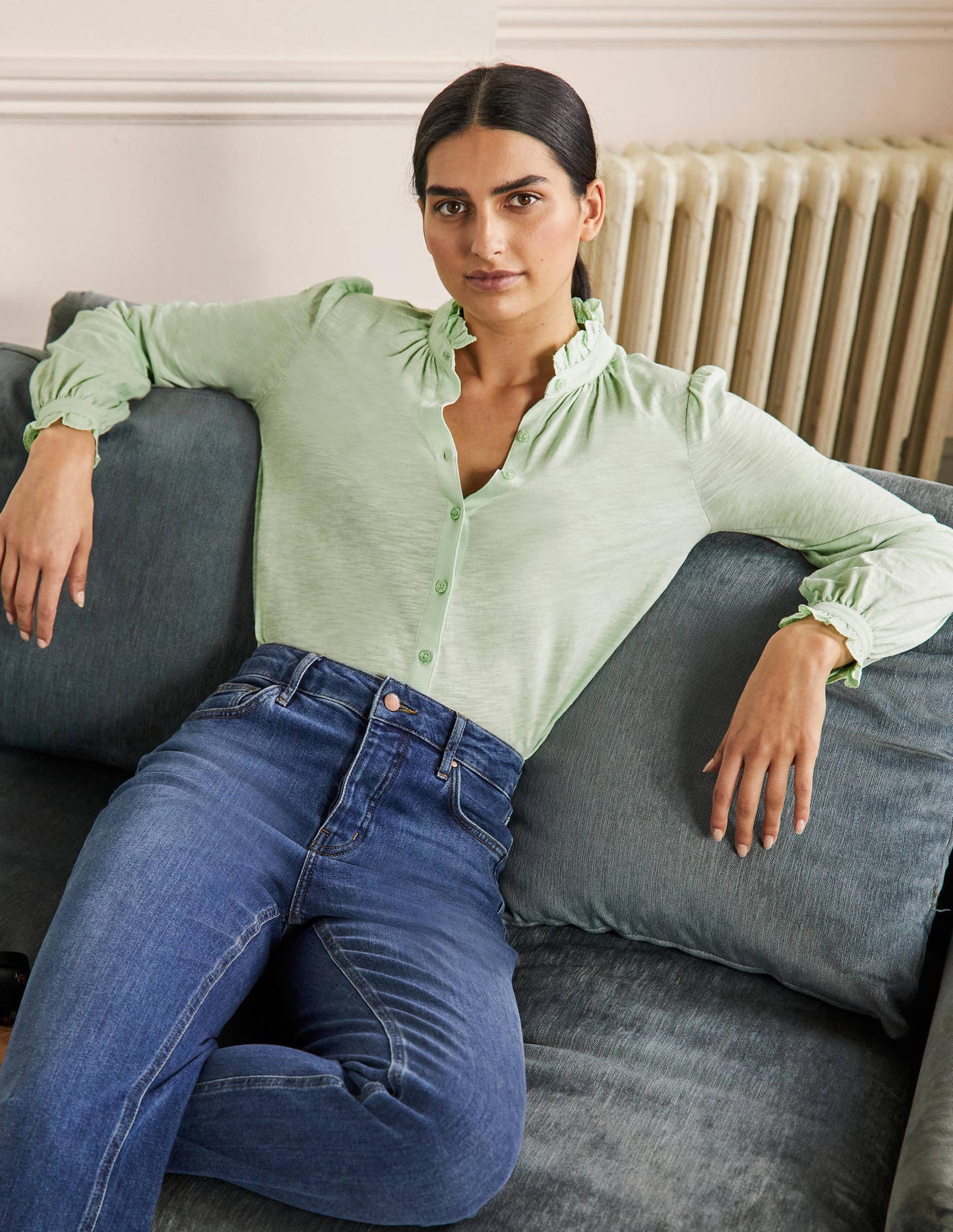 Broderie Trim Jersey Shirt-Avocado Cream