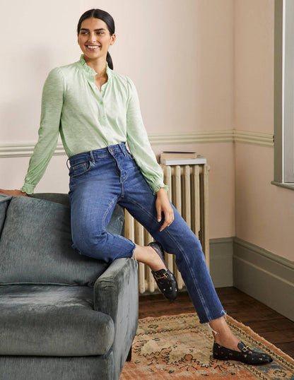 Broderie Trim Jersey Shirt-Avocado Cream