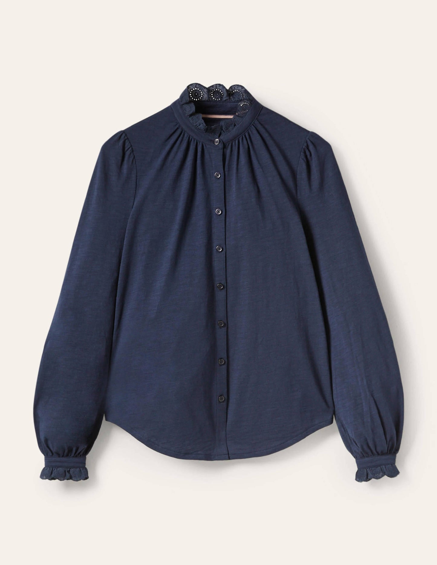 Broderie Trim Jersey Shirt-Navy