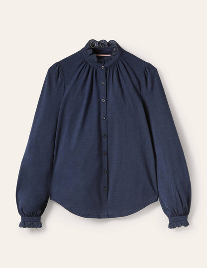 Broderie Trim Jersey Shirt-Navy