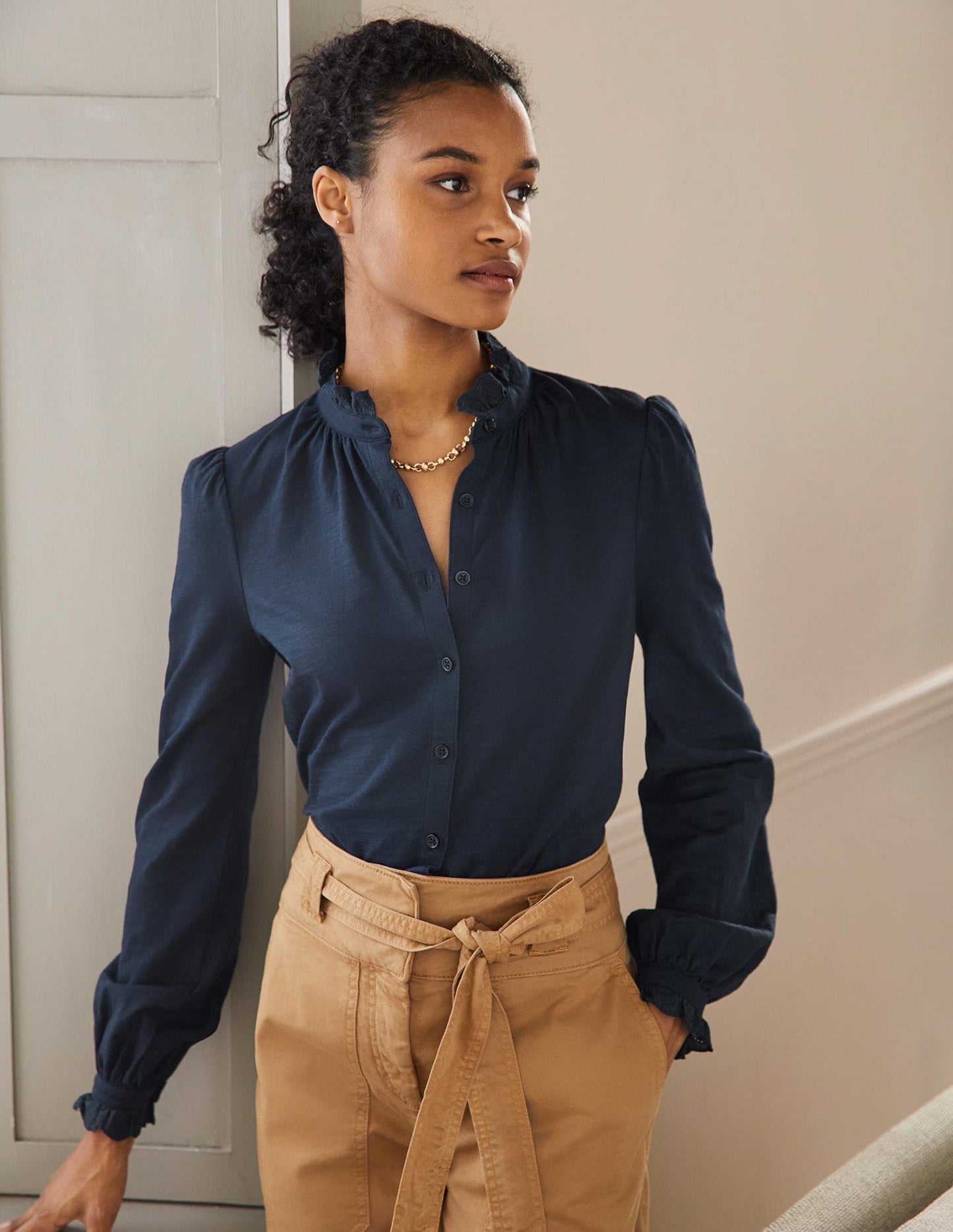 Broderie Trim Jersey Shirt-Navy