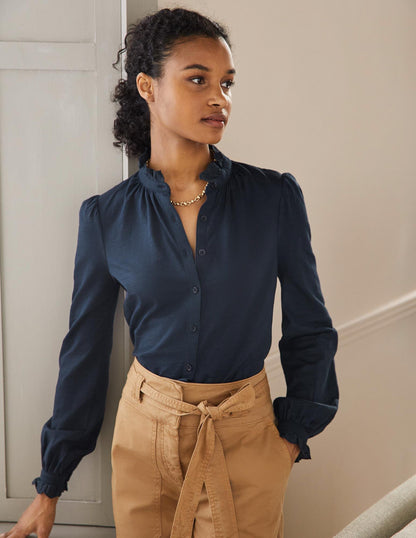 Broderie Trim Jersey Shirt-Navy
