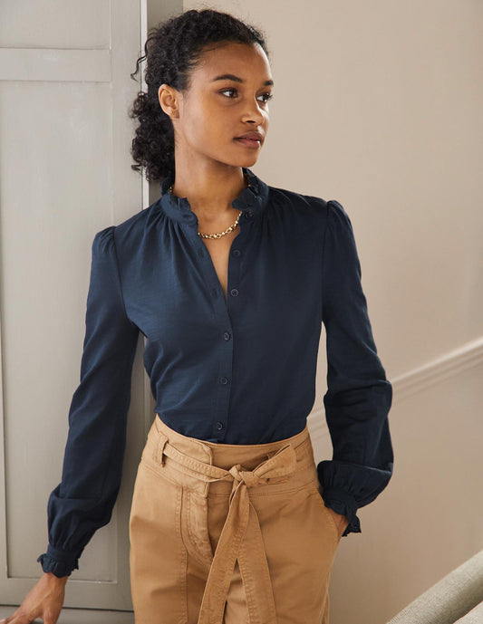 Broderie Trim Jersey Shirt-Navy
