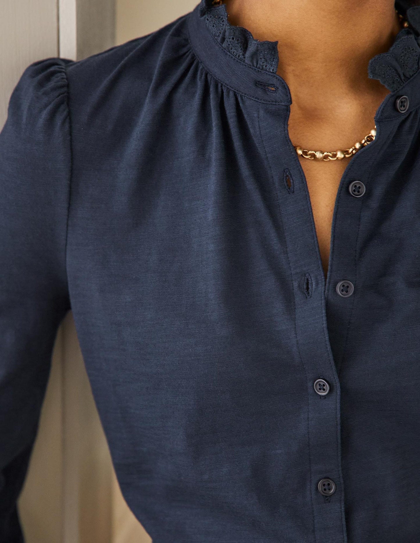 Broderie Trim Jersey Shirt-Navy