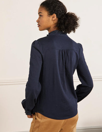 Broderie Trim Jersey Shirt-Navy