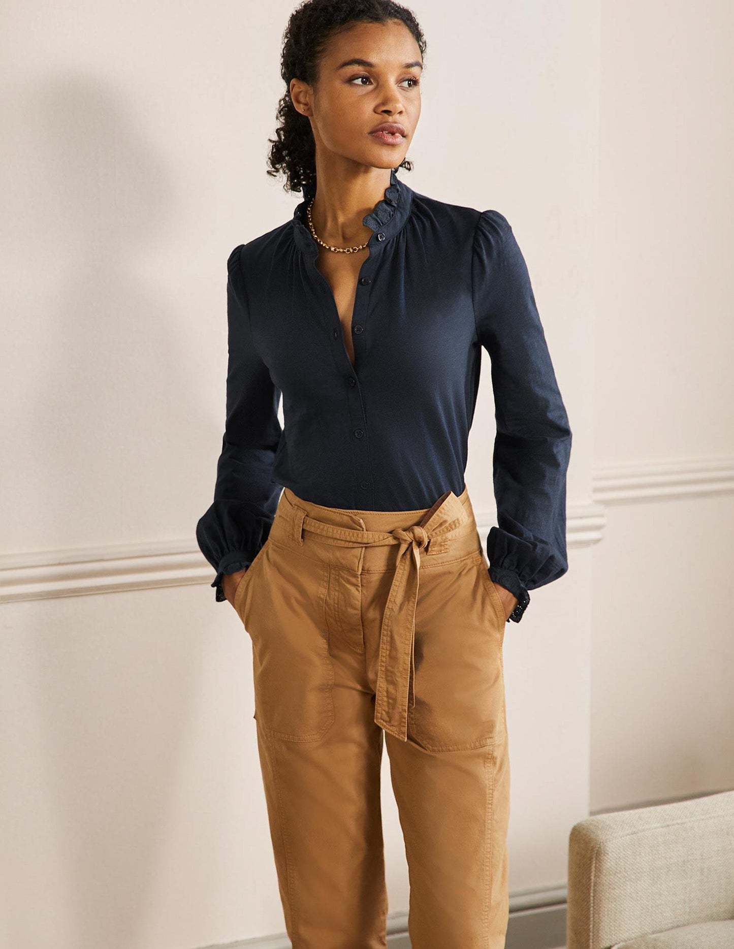 Broderie Trim Jersey Shirt-Navy