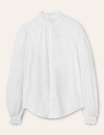 Broderie Trim Jersey Shirt-White
