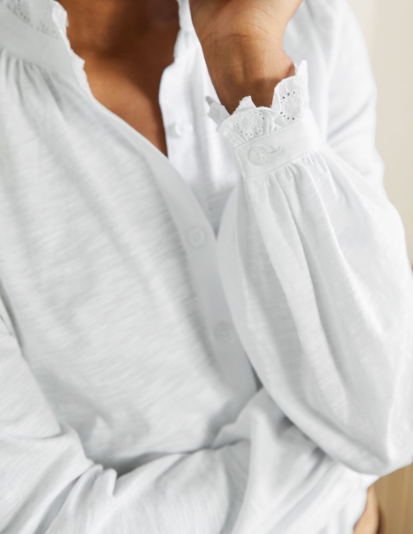 Broderie Trim Jersey Shirt-White