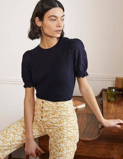 Broderie Sleeve Linen T-Shirt-Navy