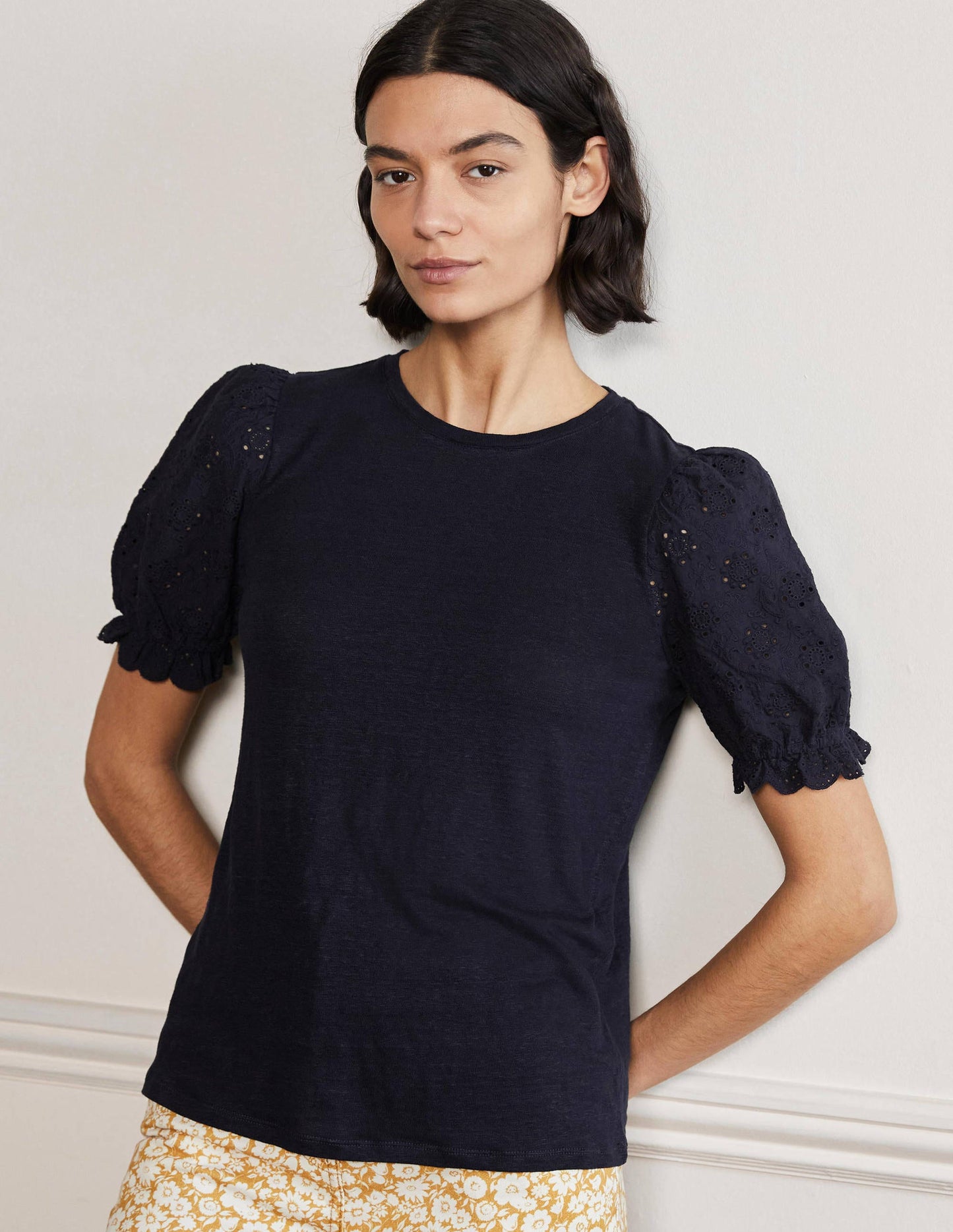Broderie Sleeve Linen T-Shirt-Navy