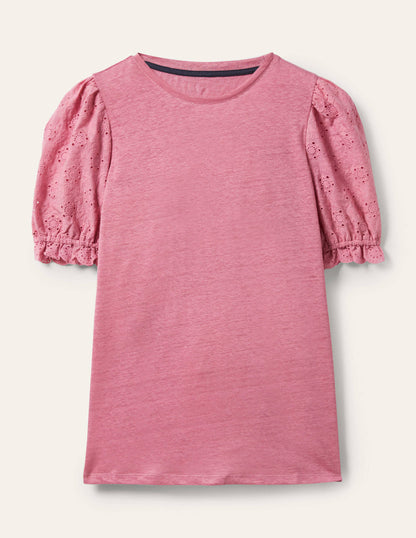 Broderie Sleeve Linen T-Shirt-Posy Pink
