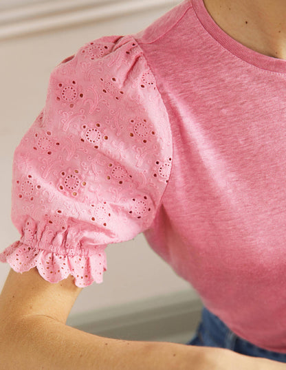 Broderie Sleeve Linen T-Shirt-Posy Pink