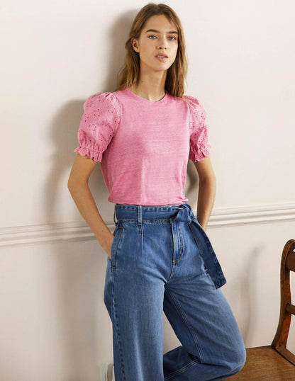 Broderie Sleeve Linen T-Shirt-Posy Pink