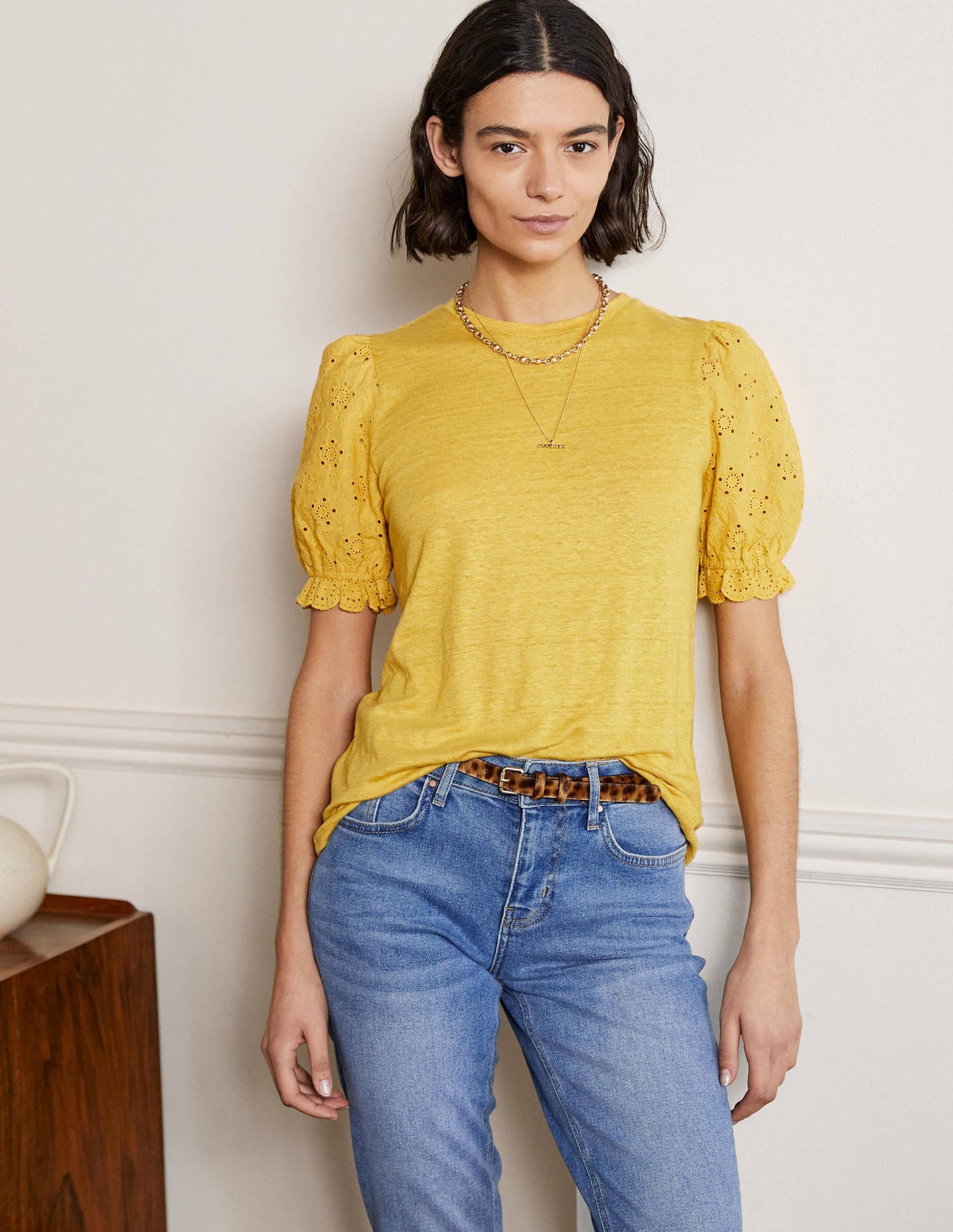 Broderie Sleeve Linen T-Shirt-Butter
