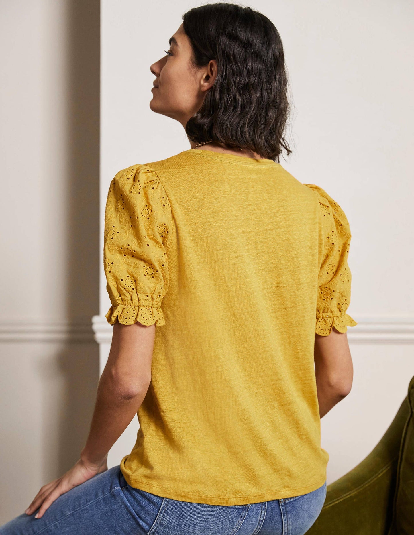 Broderie Sleeve Linen T-Shirt-Butter