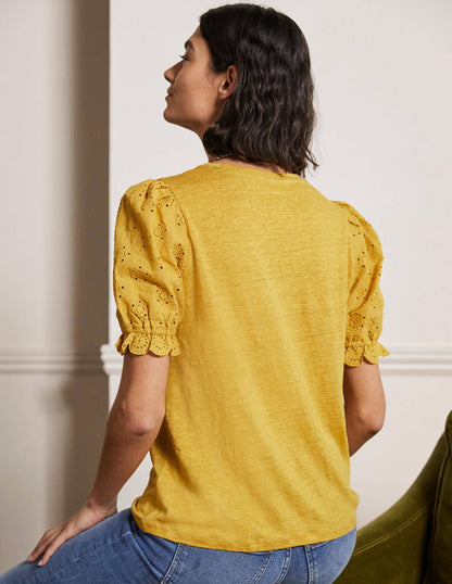 Broderie Sleeve Linen T-Shirt-Butter