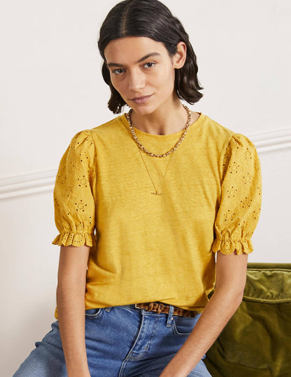 Broderie Sleeve Linen T-Shirt-Butter