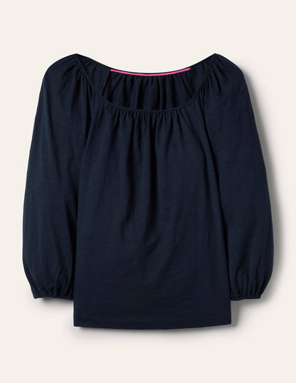 Blouson Sleeve Cotton Top-Navy