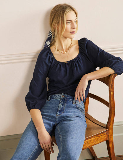 Blouson Sleeve Cotton Top-Navy