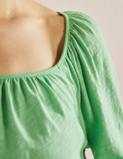 Blouson Sleeve Cotton Top-Zephyr Green
