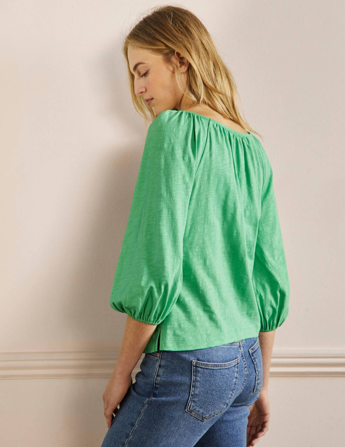 Blouson Sleeve Cotton Top-Zephyr Green